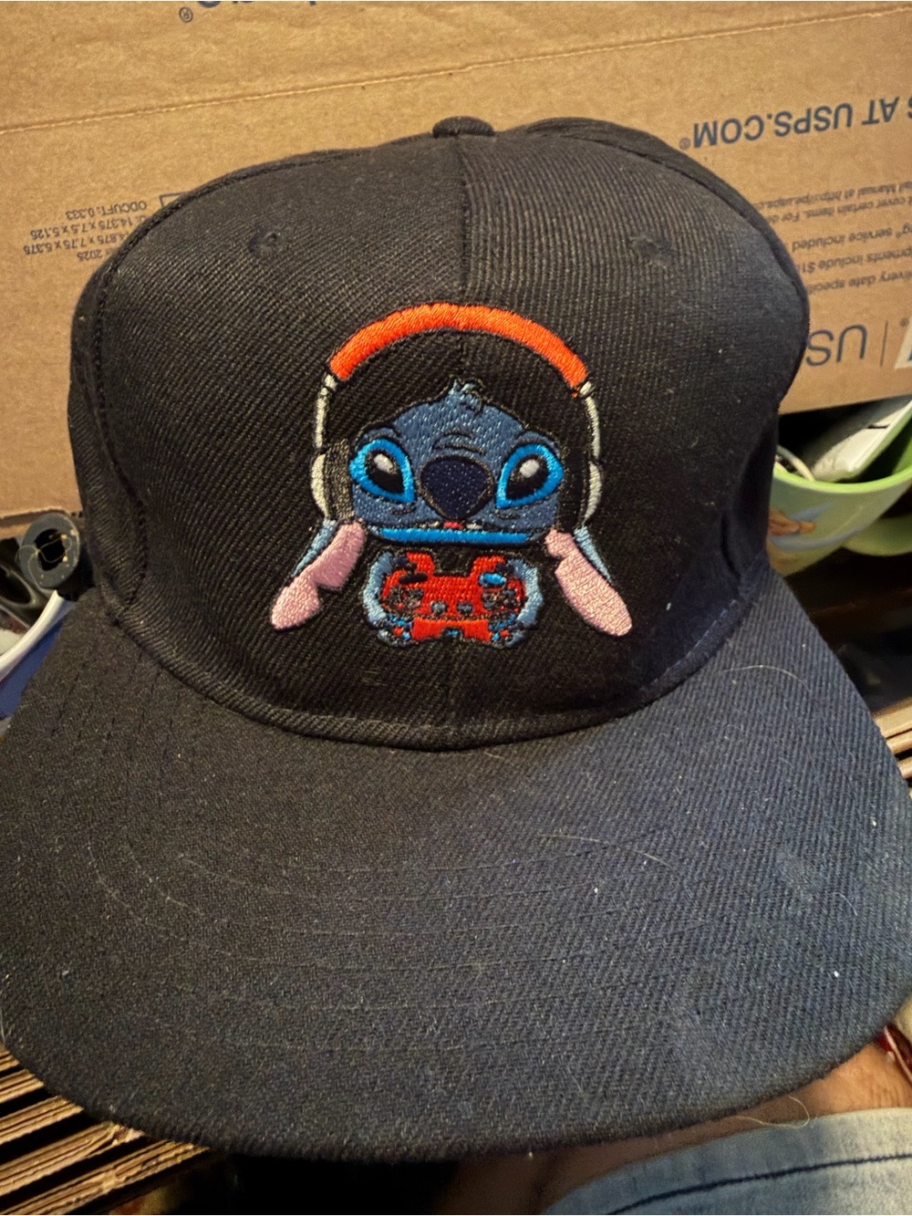 Disney Black Cap with Blue Stitch Embroidery and Orange Headphones
